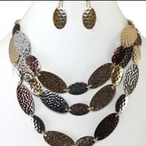 Set of Layered Four Hammered Metals Necklace and Earrings